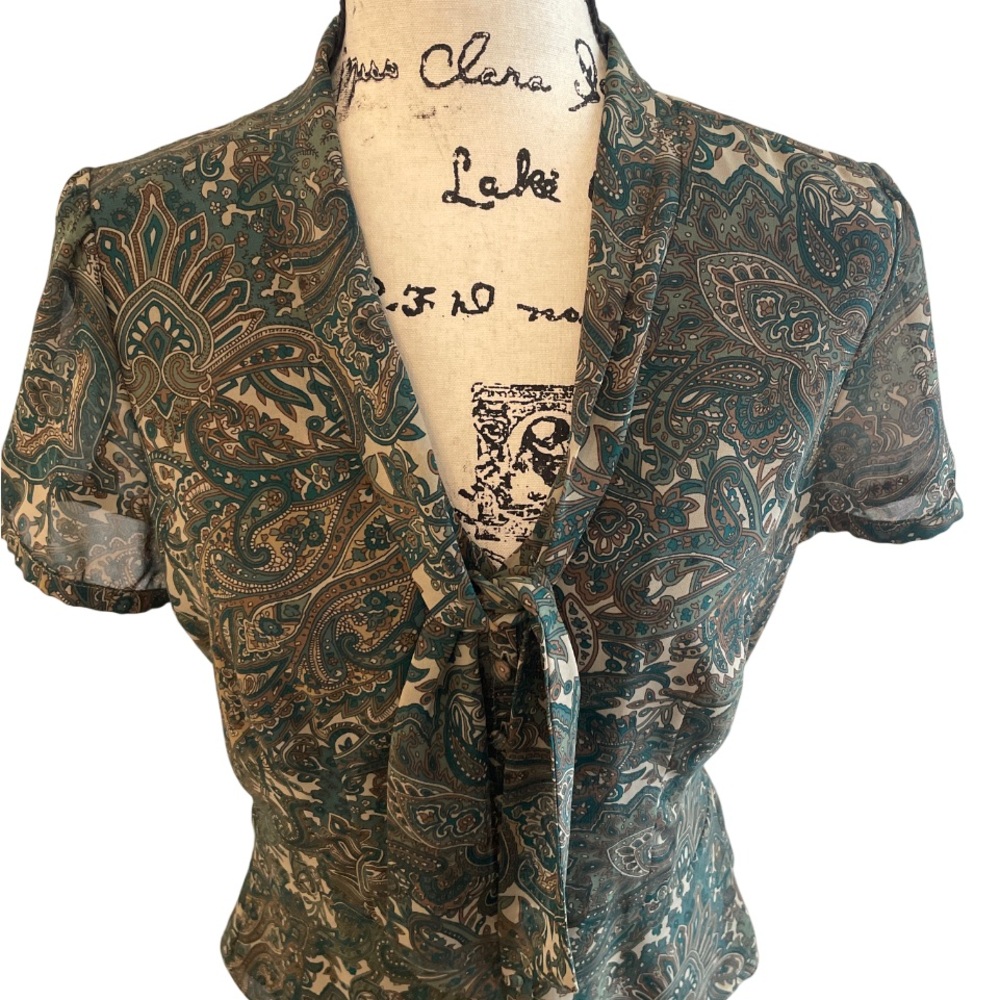 LOFT Green Puff Sleeve Tie Front Blouse